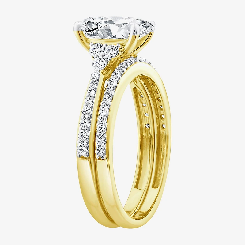 (F / Vs2) Womens 2 1/2 CT. T.W. Lab Grown White Diamond 10K Gold Oval Side Stone Bridal Set