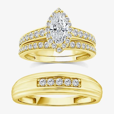 (F / Vs2) Unisex Adult 1 1/2 CT. T.W. Lab Grown White Diamond 10K Gold Marquise Side Stone Halo Bridal Set
