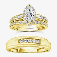 (F / Vs2) Unisex Adult 1 1/2 CT. T.W. Lab Grown White Diamond 10K Gold Marquise Side Stone Halo Bridal Set