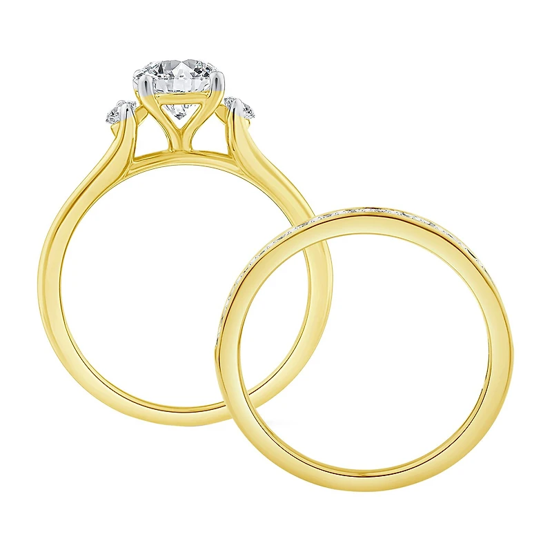 (F / Vs2) Unisex Adult 2 CT. T.W. Lab Grown White Diamond 10K Gold Round Side Stone Wedding Bridal Set