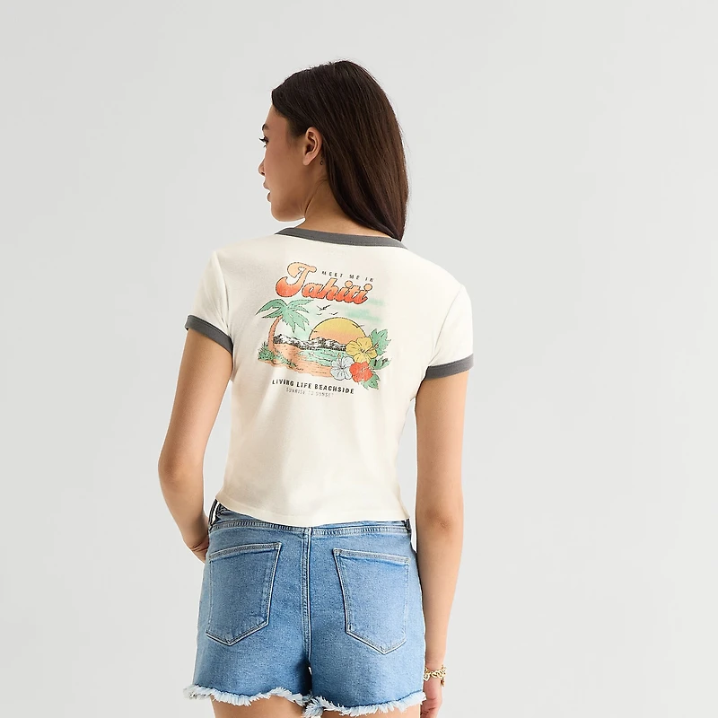 Arizona Womens Juniors Round Neck Short Sleeve Regular Fit Graphic T-Shirt