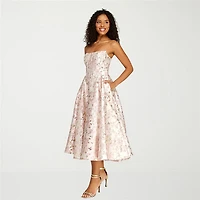 Premier Amour Womens Strapless Floral Midi Fit + Flare Dress