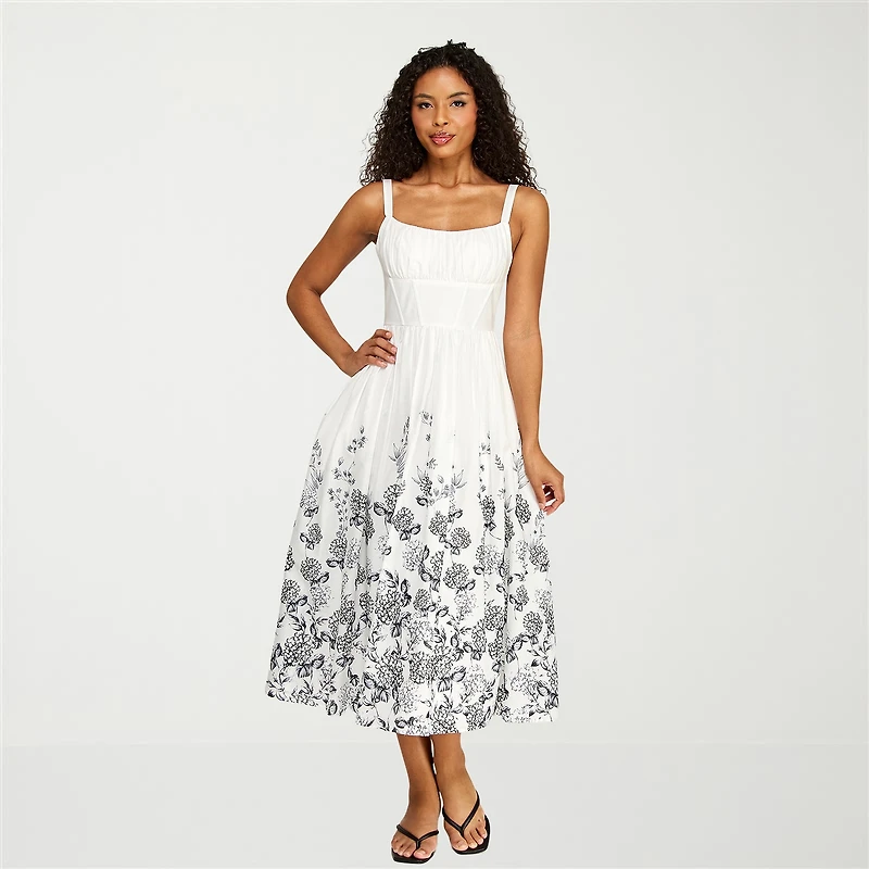 Premier Amour Womens Midi Scoop Neck Sleeveless Floral Fit + Flare Dress