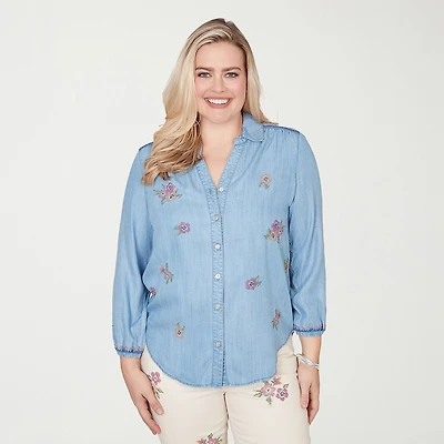 Alfred Dunner Beachcomber Womens Plus Smocked Sleeve 3/4 Classic Fit Button-Down Shirt