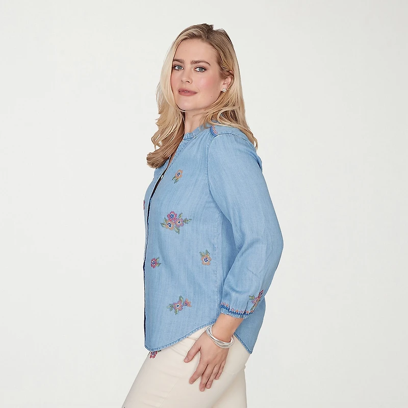 Alfred Dunner Beachcomber Womens Plus Smocked Sleeve 3/4 Classic Fit Button-Down Shirt