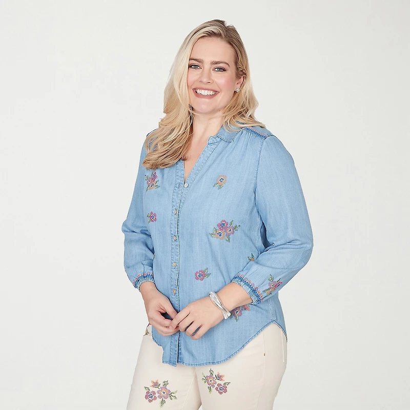 Alfred Dunner Beachcomber Womens Plus Smocked Sleeve 3/4 Classic Fit Button-Down Shirt