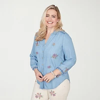 Alfred Dunner Beachcomber Womens Plus Smocked Sleeve 3/4 Classic Fit Button-Down Shirt