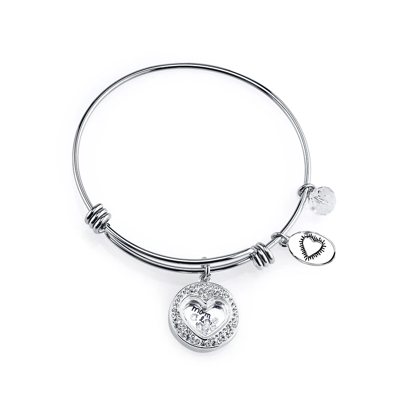 Footnotes Mom Womens Crystal Stainless Steel Heart Bangle Bracelet