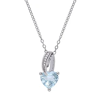 Womens Diamond Accent Genuine Blue Aquamarine Sterling Silver Heart 18 Inch Pendant Necklace