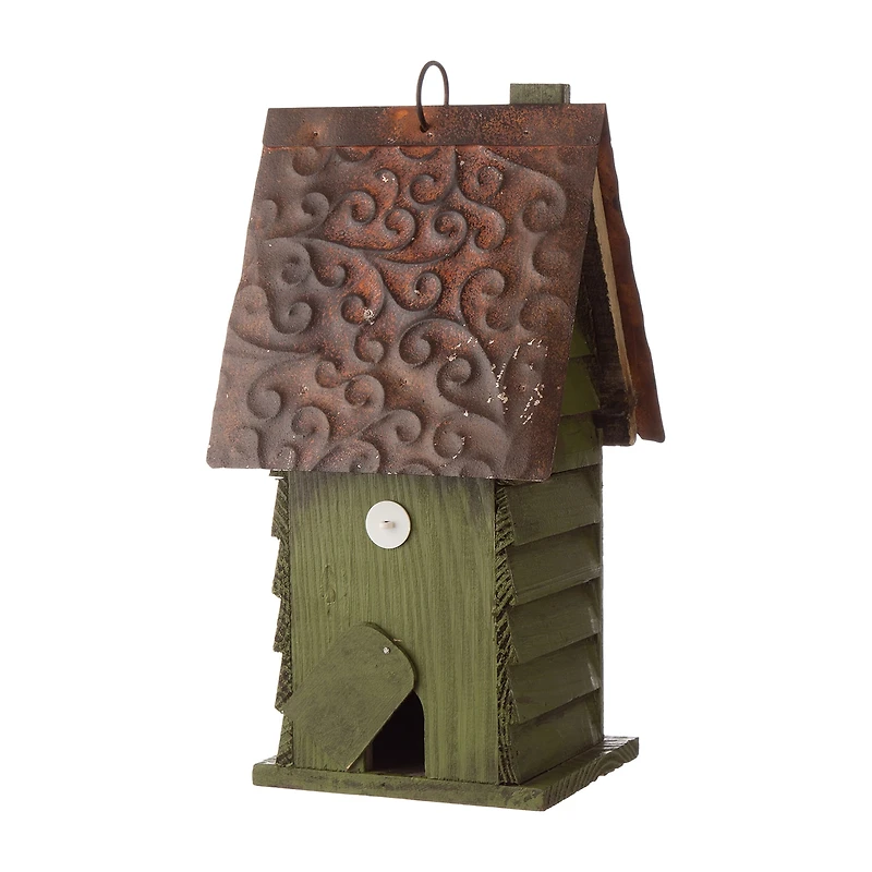 Glitzhome 11.93"H Tall Green Hand Painted Wood Birdhouse