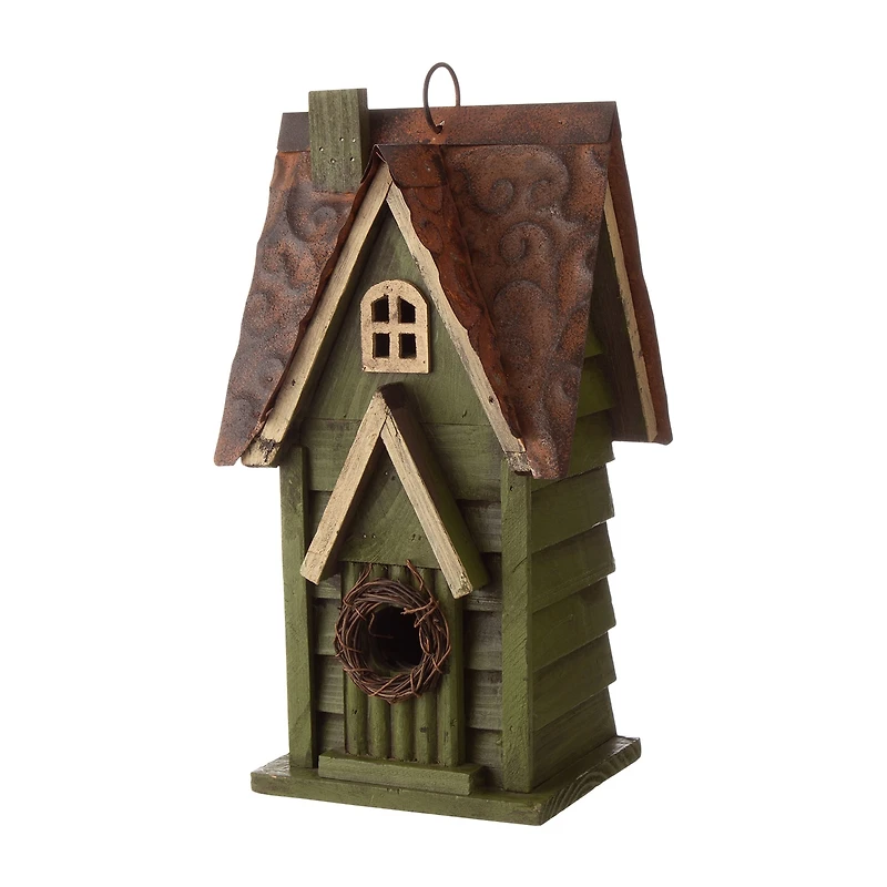 Glitzhome 11.93"H Tall Green Hand Painted Wood Birdhouse