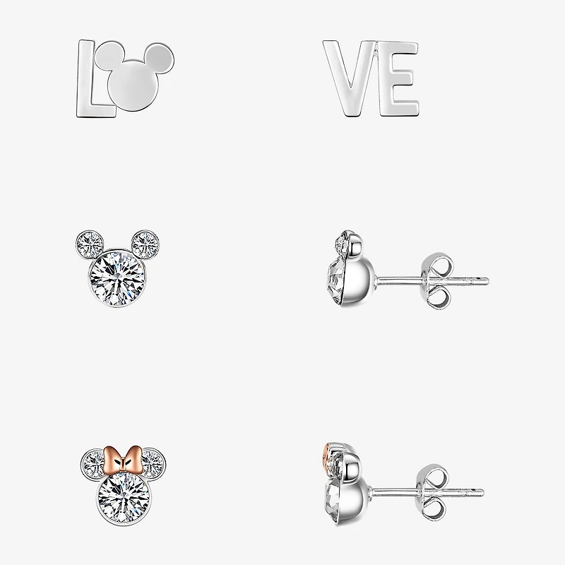 Disney Classics Love Womens Crystal Mickey Mouse Minnie Mouse 3 Pair Earring Set