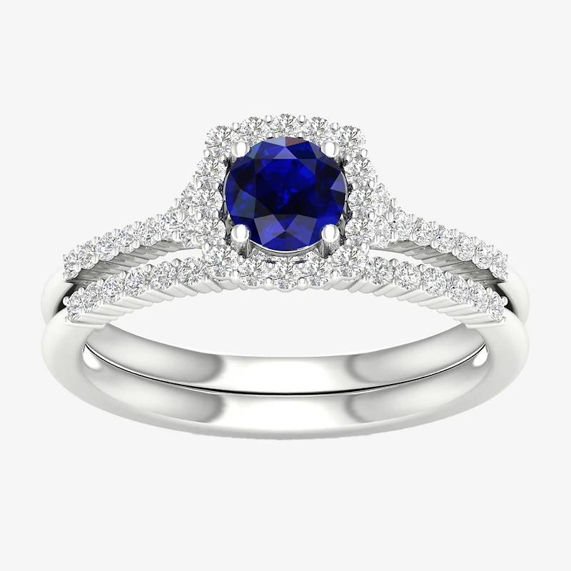 Modern Bride Gemstone Womens 14K White Gold Round Halo Bridal Set
