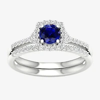 Modern Bride Gemstone Womens 14K White Gold Round Halo Bridal Set