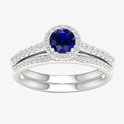 Modern Bride Gemstone Womens 14K White Gold Round Halo Bridal Set
