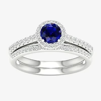 Modern Bride Gemstone Womens 14K White Gold Round Halo Bridal Set