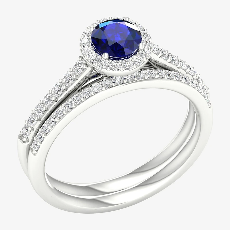 Modern Bride Gemstone Womens 14K White Gold Round Halo Bridal Set