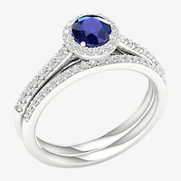 Modern Bride Gemstone Womens 14K White Gold Round Halo Bridal Set