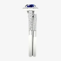 Modern Bride Gemstone Womens 14K White Gold Round Halo Bridal Set