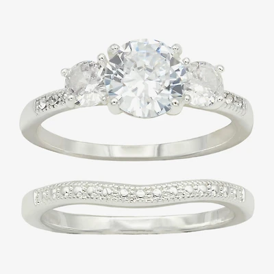 Sparkle Allure Womens Cubic Zirconia Pure Silver Over Brass Round 3-Stone Ring Set