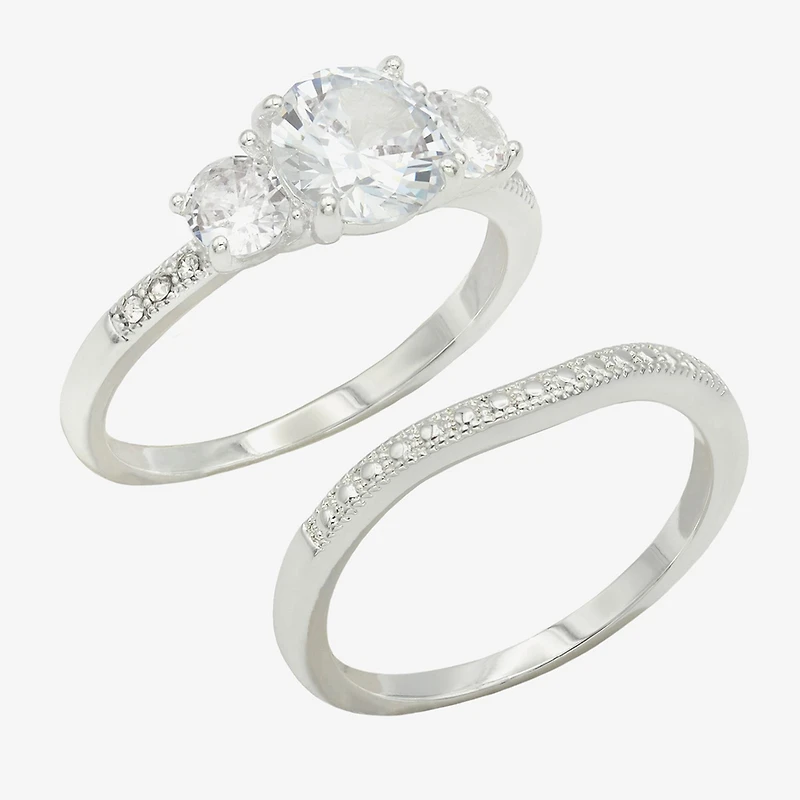 Sparkle Allure Womens Cubic Zirconia Pure Silver Over Brass Round 3-Stone Ring Set