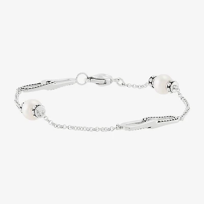 Limited Quantities! Womens White Cultured Freshwater Pearl Sterling Silver Charm Bracelet