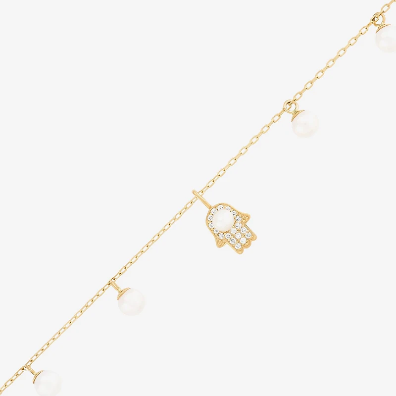 Womens Dyed White Cultured Freshwater Pearl 14K Gold Over Silver Hamsa Charm Bracelet