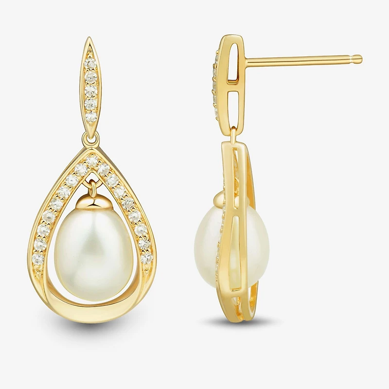 Womens White Cultured Freshwater Pearl 14K Gold Over Silver Sterling Silver Drop Earrings