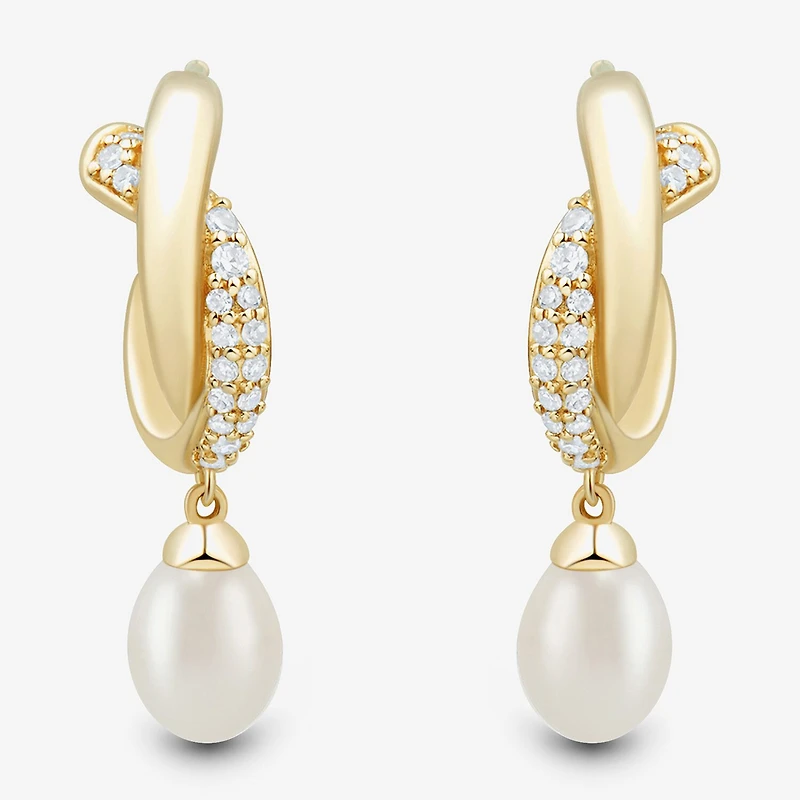 Womens Lab Created White Cultured Freshwater Pearl 14K Gold Over Silver Sterling Silver Round Drop Earrings