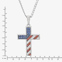 Diamonart American Flag Mens Multi Color Cubic Zirconia Sterling Silver Cross 22 Inch Pendant Necklace