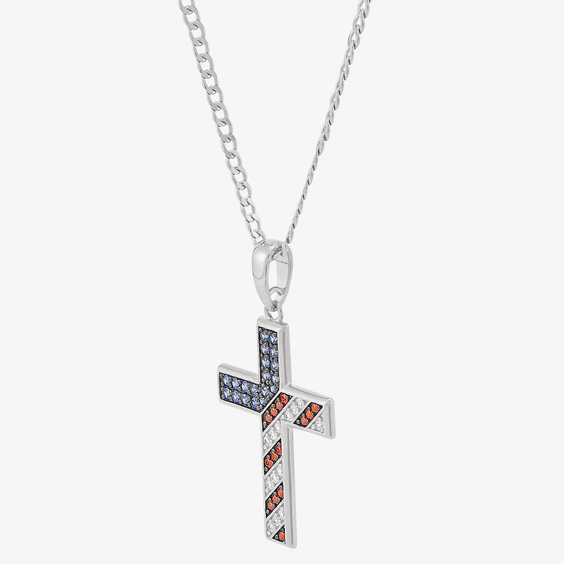 Diamonart American Flag Mens Multi Color Cubic Zirconia Sterling Silver Cross 22 Inch Pendant Necklace