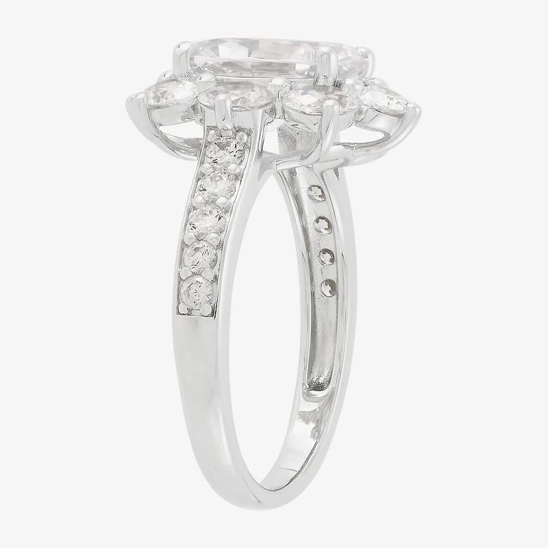 Diamonart Womens Cubic Zirconia Sterling Silver Flower Oval Side Stone Engagement Ring