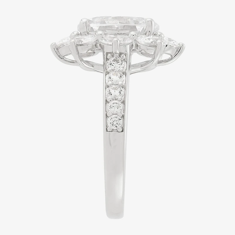 Diamonart Womens Cubic Zirconia Sterling Silver Flower Oval Side Stone Engagement Ring