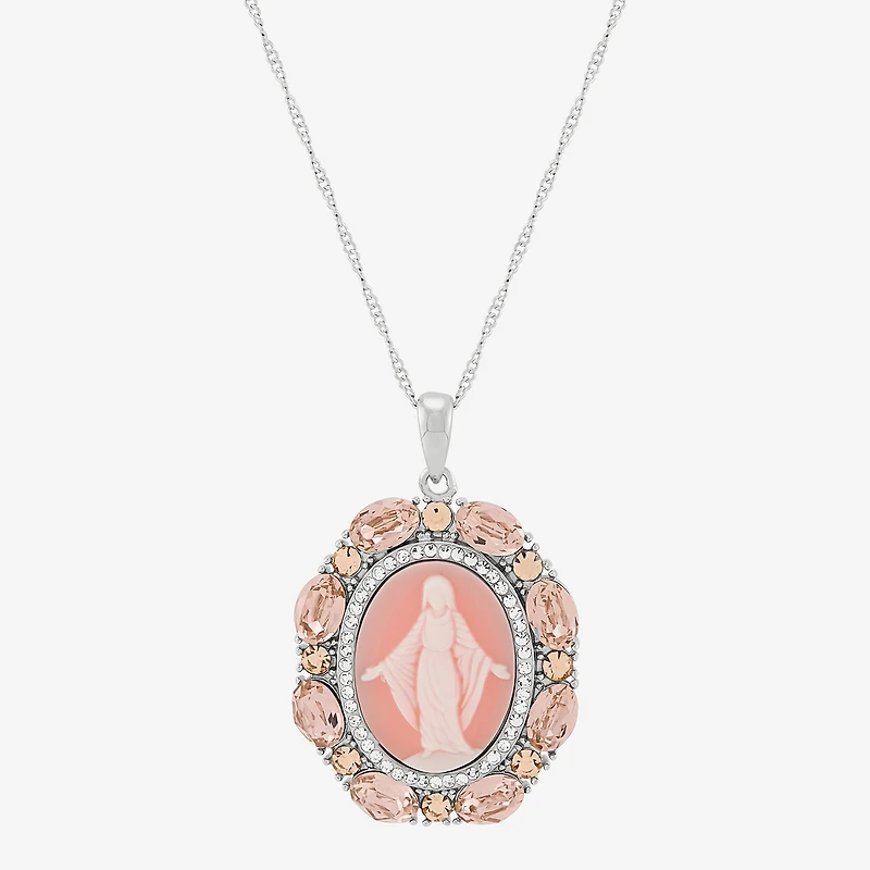 Our Lady Of Grace Virgin Mary Womens Pink Crystal Sterling Silver Cameo Oval Pendant
