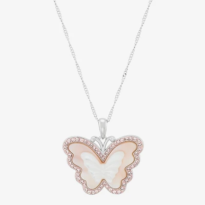 Womens Pink Mother Of Pearl Sterling Silver Butterfly 18 Inch Pendant Necklace