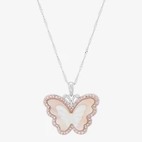 Womens Pink Mother Of Pearl Sterling Silver Butterfly 18 Inch Pendant Necklace