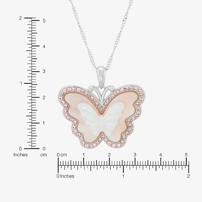 Womens Pink Mother Of Pearl Sterling Silver Butterfly 18 Inch Pendant Necklace