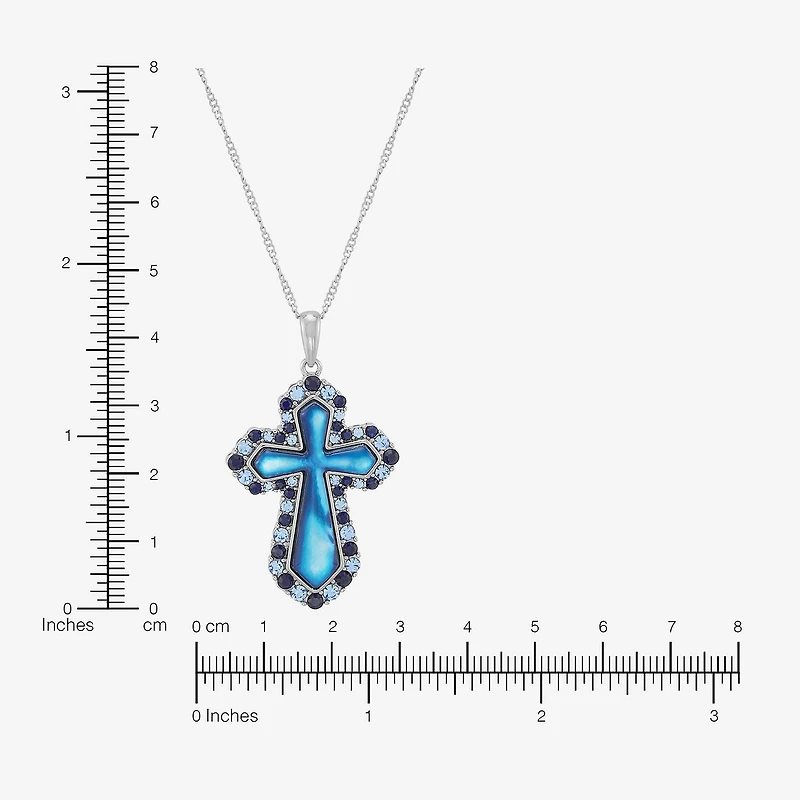Womens Blue Mother Of Pearl Sterling Silver Cross 18 Inch Pendant Necklace