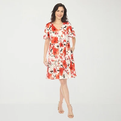 White Mark V-Neck Vintage Floral Womens V Neck Short Sleeve A-Line Dress