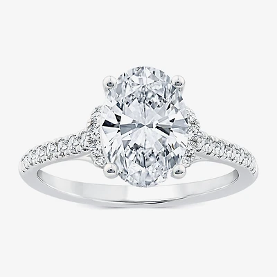 (F / Vs2) Womens 2 1/4 CT. T.W. Lab Grown White Diamond 10K Gold Oval Side Stone Engagement Ring