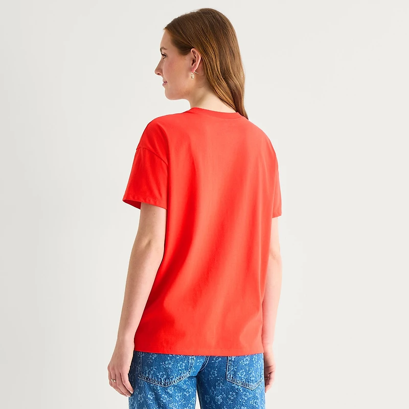 Womens Juniors Crew Neck Short Sleeve Oversized Strawberry Shortcake Graphic T-Shirt