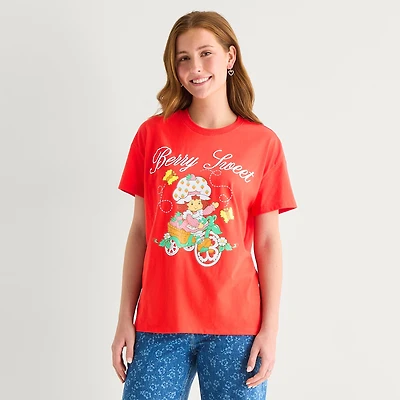 Womens Juniors Crew Neck Short Sleeve Oversized Strawberry Shortcake Graphic T-Shirt