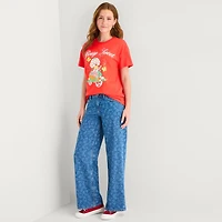 Womens Juniors Crew Neck Short Sleeve Oversized Strawberry Shortcake Graphic T-Shirt