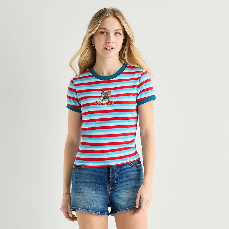 Womens Juniors Crew Neck Short Sleeve Fitted Tom and Jerry Graphic T-Shirt