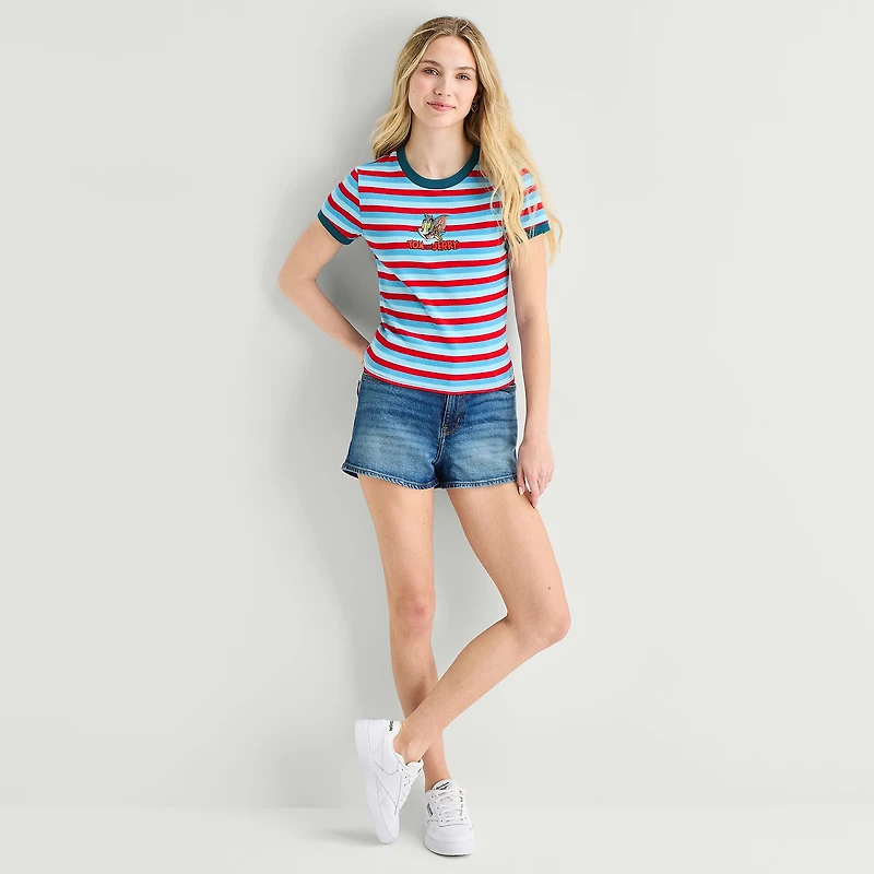 Womens Juniors Crew Neck Short Sleeve Fitted Tom and Jerry Graphic T-Shirt