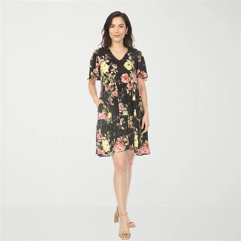 White Mark V-Neck Tropical Flower Womens V Neck Short Sleeve Floral A-Line Dress