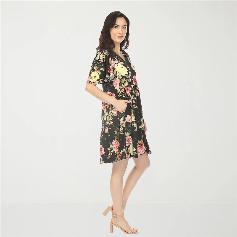 White Mark V-Neck Tropical Flower Womens V Neck Short Sleeve Floral A-Line Dress