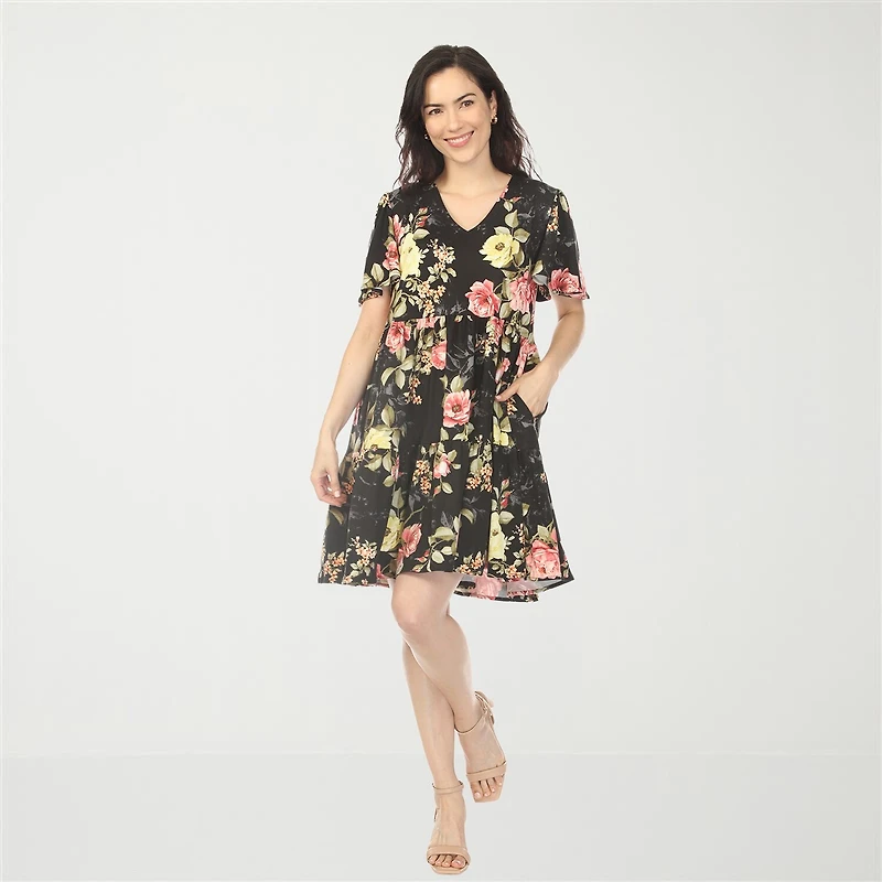 White Mark V-Neck Tropical Flower Womens V Neck Short Sleeve Floral A-Line Dress