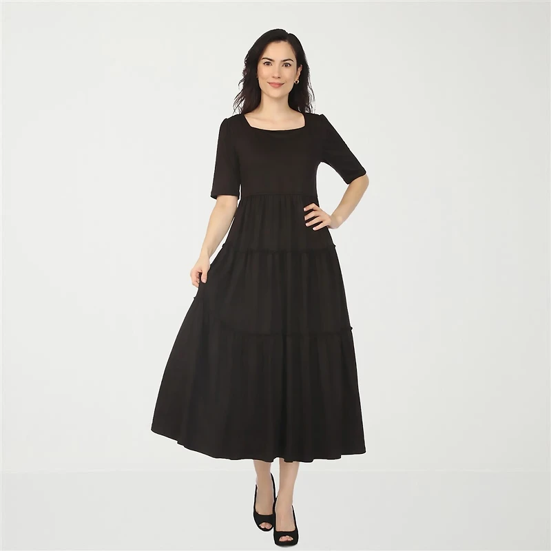 White Mark Square Neck Short Sleeve Tiered Womens Elbow Fitted Maxi Dress