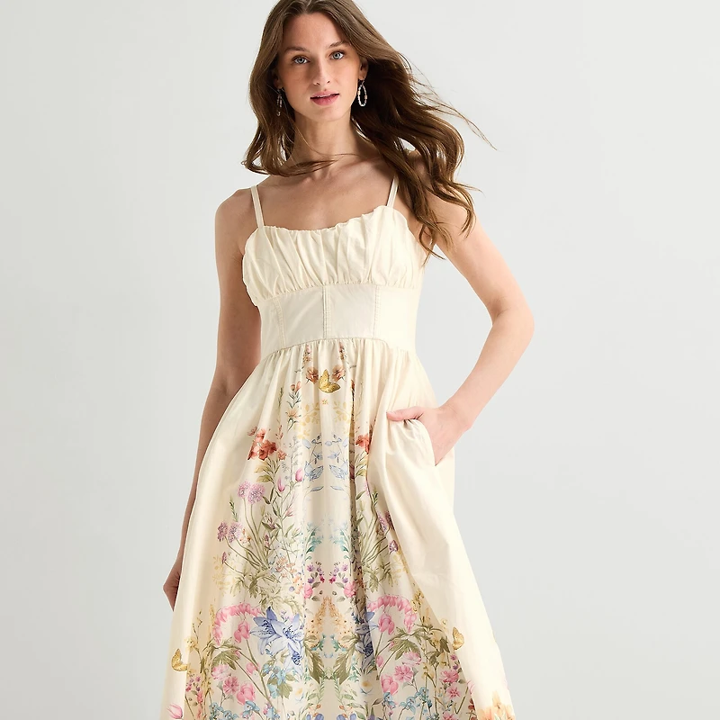 Melonie T Womens Midi Sweetheart Neck Sleeveless Floral Fit + Flare Dress